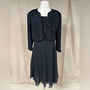 R&M Richards Black Chiffon Dress w/ Sparkle Jacket | Size 18